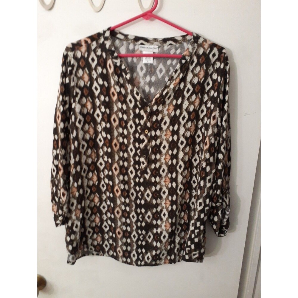 Rebecca Malone XL Roll Back Sleeve Blouse Brown Print Summer Fall Career